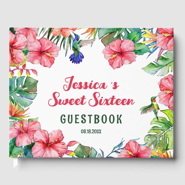 Tropical Floral Hawaiian Sweet Sixteen Guest Book (Front)