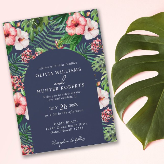 Tropical Floral Hibiscus Arch Wedding Navy Blue Invitation (Creator Uploaded)