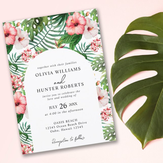 Tropical Floral Hibiscus Arch Wedding White Invitation (Creator Uploaded)