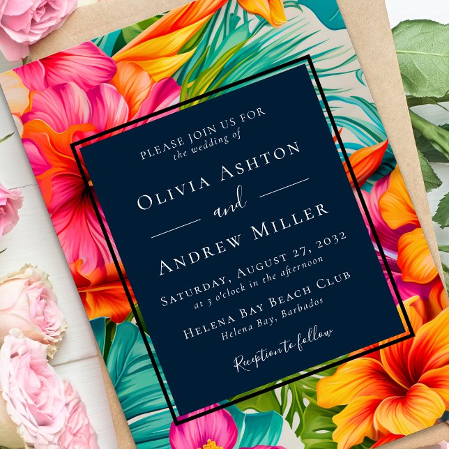 Tropical Floral Hibiscus Destination Beach Wedding Invitation (Creator Uploaded)