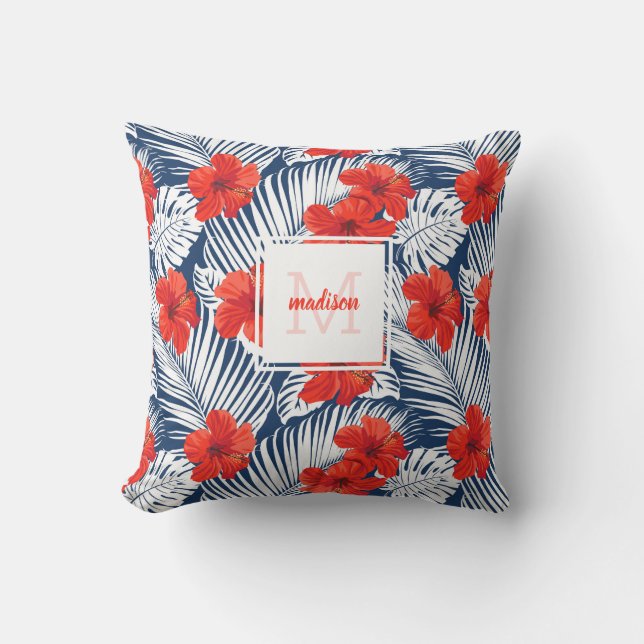 Tropical Floral Hibiscus Flower Custom Monogram Cushion (Front)