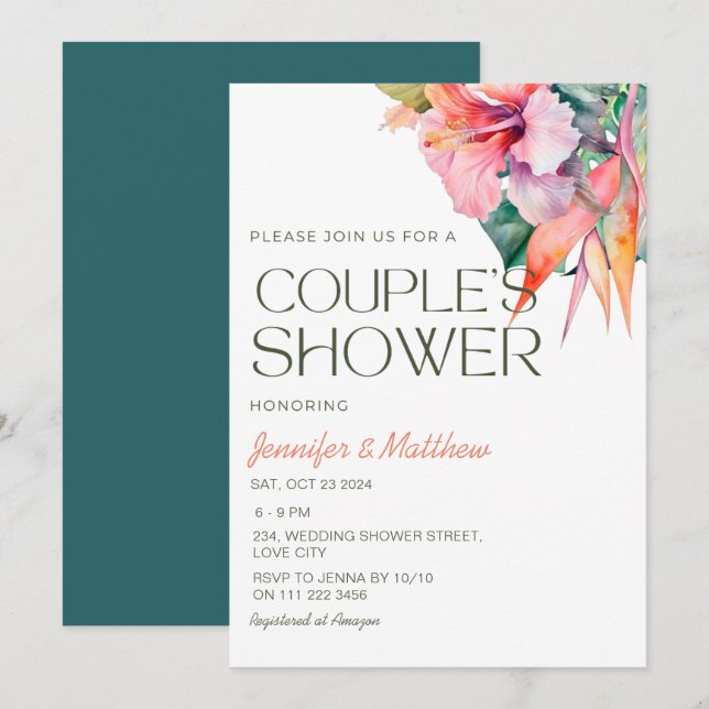 Tropical Floral Hibiscus Hawaiian Couples Shower Invitation (Front/Back)