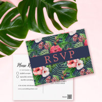 Tropical Floral Hibiscus Navy Wedding RSVP