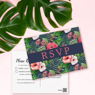 Tropical Floral Hibiscus Navy Wedding RSVP Postcard