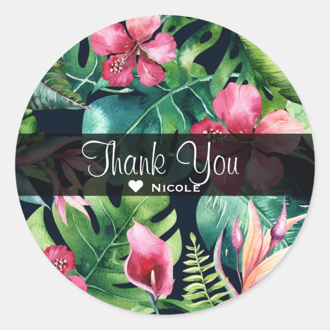 Tropical Floral Hibiscus & Palm Leaves Hawaiian Classic Round Sticker (Front)