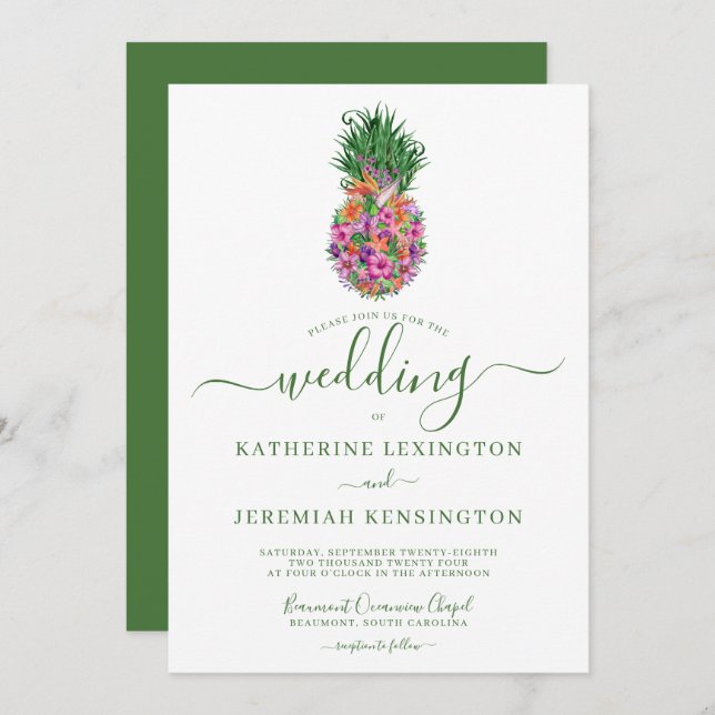 Tropical Floral Hibiscus Pineapple Wedding Invitation (Front/Back)