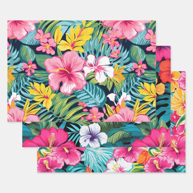 Tropical Floral Hibiscus Plumeria Pattern Design Wrapping Paper Sheet (Set)