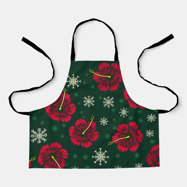 Tropical Floral Hibiscus Snowflakes Christmas |  Apron (Front)