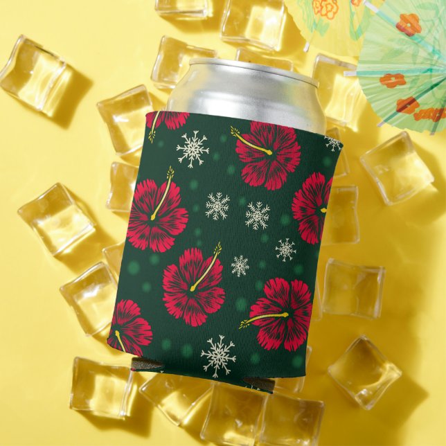 Tropical Floral Hibiscus Snowflakes Christmas |  Can Cooler (In Situ Summer)