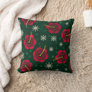 Tropical Floral Hibiscus Snowflakes Christmas Cushion