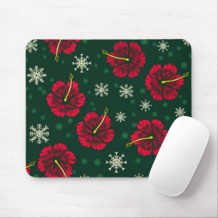 Tropical Floral Hibiscus Snowflakes Christmas Mouse Pad
