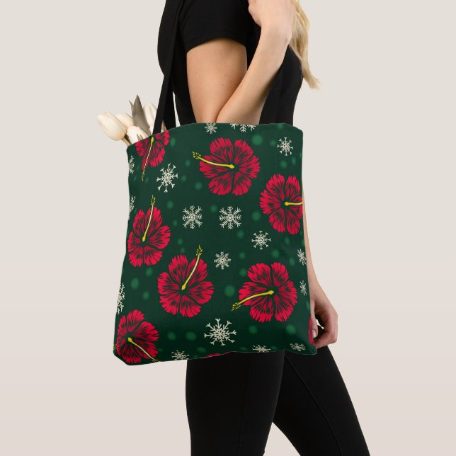Tropical Floral Hibiscus Snowflakes Christmas |  Tote Bag (Close Up)
