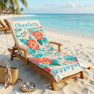 Tropical Floral Hibiscus Teal Pink Personalised  Beach Towel
