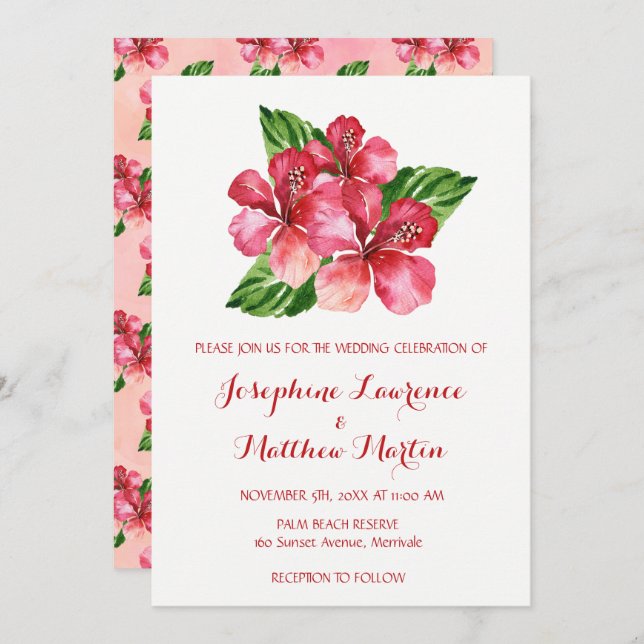 Tropical Floral Hibiscus Watercolor Wedding Invitation (Front/Back)