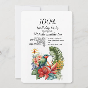 Tropical Floral Hummingbird 100th Birthday Invitation