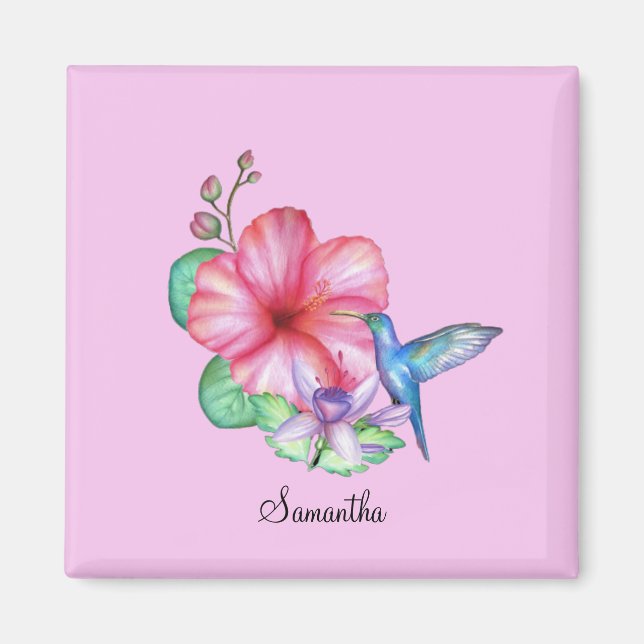 Tropical Floral Hummingbird Personalised Magnet (Front)