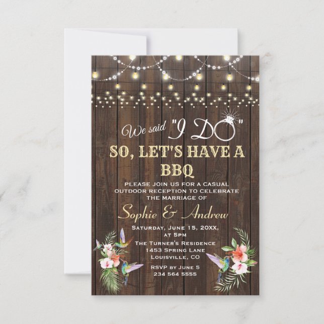 Tropical Floral Hummingbird Wood After I DO BBQ Invitation (Front)
