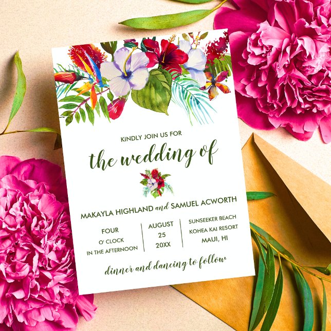 Tropical Floral Island Hibiscus Green Wedding Invitation (Creator Uploaded)