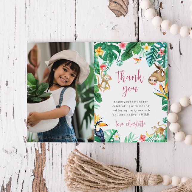 Tropical Floral Jungle Animals Kids Birthday Photo Thank You Card (Creator Uploaded)