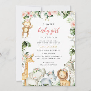 Tropical Floral Jungle Girl Safari Baby Shower Invitation