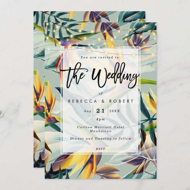 tropical floral jungle modern wedding invitation (Front/Back)