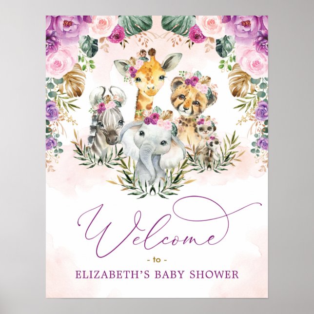 Tropical Floral Jungle Safari Baby Shower Welcome Poster (Front)