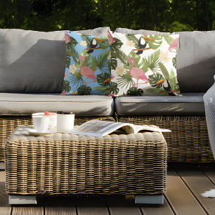 Tropical Floral Leaf Flamingo Toucan Summer Cushion