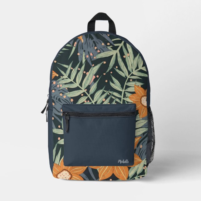Tropical Floral Leaves and botanical Pattern Printed Backpack (Front)