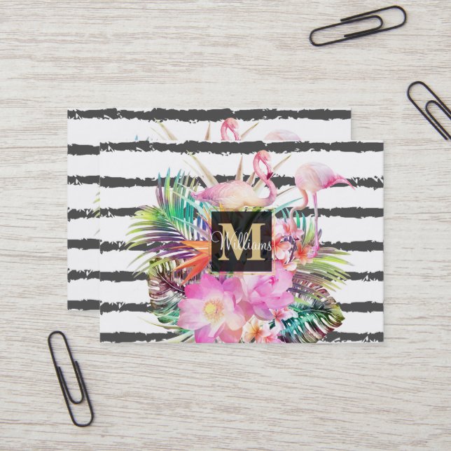 tropical floral leaves and flamingos stripes business card (Front/Back In Situ)