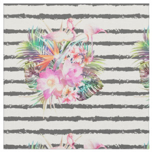 tropical floral leaves and flamingos stripes fabric