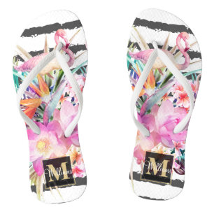 tropical floral leaves and flamingos stripes jandals