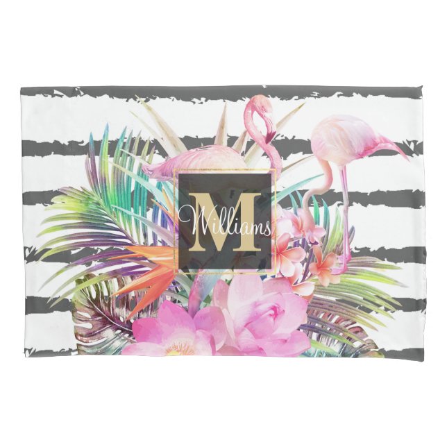 tropical floral leaves and flamingos stripes pillowcase (Front)