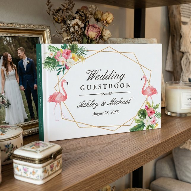 Tropical Floral Leaves Flamingos Wedding Guest Book (Creator Uploaded)