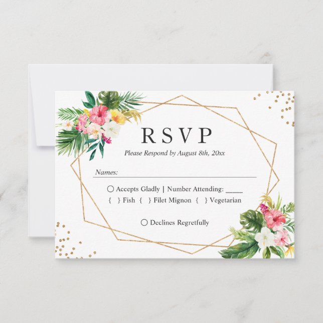 Tropical Floral Leaves Modern Wedding RSVP Reply Card (Front)