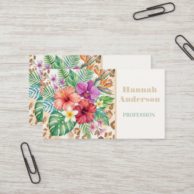 Tropical Floral Leopard Print Pattern Business Card (Front/Back In Situ)