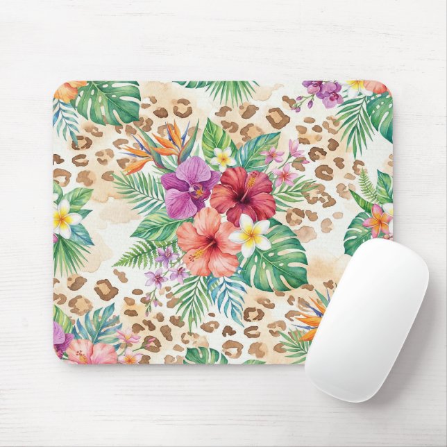 Tropical Floral Leopard Print Pattern Mouse Pad (With Mouse)