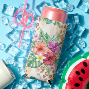 Tropical Floral Leopard Print Pattern Seltzer Can Cooler