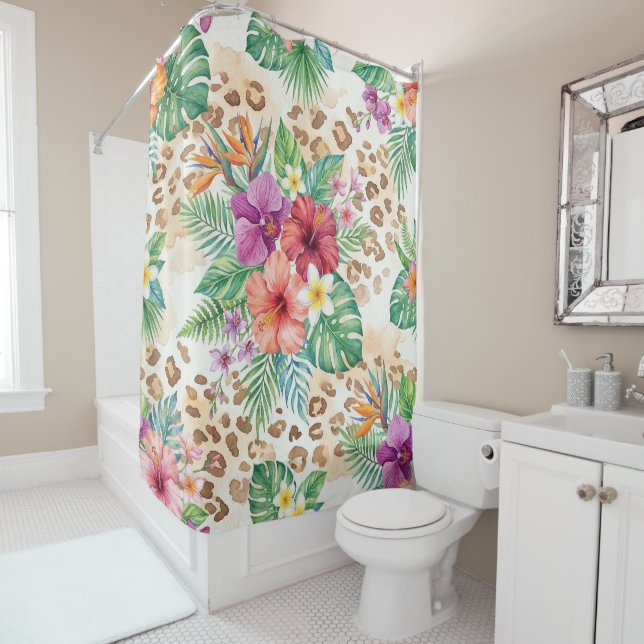 Tropical Floral Leopard Print Pattern Shower Curtain (In Situ)