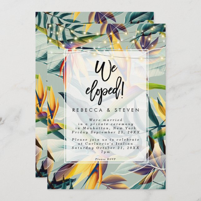 tropical floral lights we eloped invitation (Front/Back)