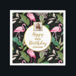Tropical Floral Luau Flamingo Birthday Photo  Napkin<br><div class="desc">Make your event special with these custom paper napkins featuring your uploaded photo and 4 lines of personalised text surrounded by a chic gold border and set against a tropical pattern of pink flamingos and palm leaves. Perfect for any age birthday, bridal and baby showers, retirements, anniversaries or really any...</div>