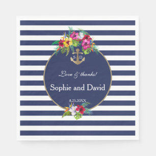 Tropical Floral Luau Navy Blue Stripes Wedding Napkin