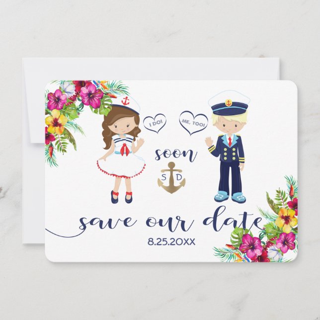 Tropical Floral Luau Navy Stripes Save the Date (Front)