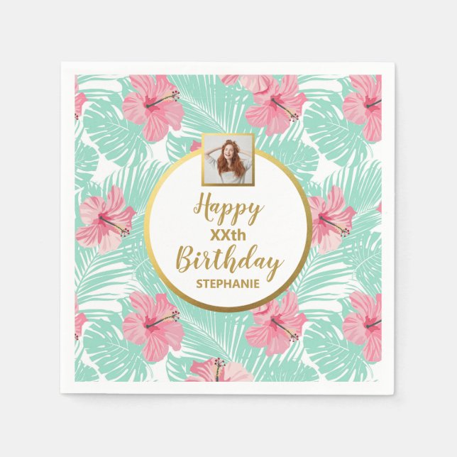Tropical Floral Luau Palm Leaves Birthday Photo Napkin (Front)