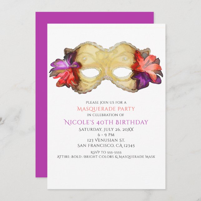 Tropical Floral Masquerade Mask Party Invitations (Front/Back)