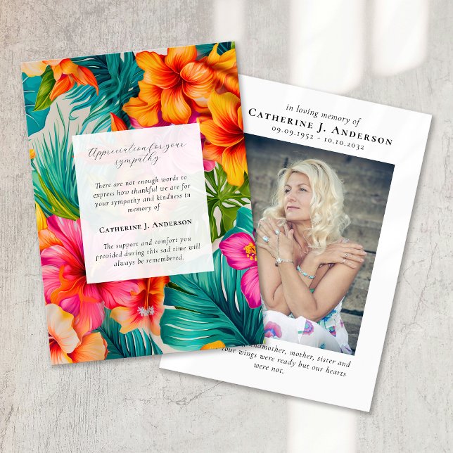 Tropical Floral Memorial Photo Sympathy Funeral Thank You Card (Creator Uploaded)