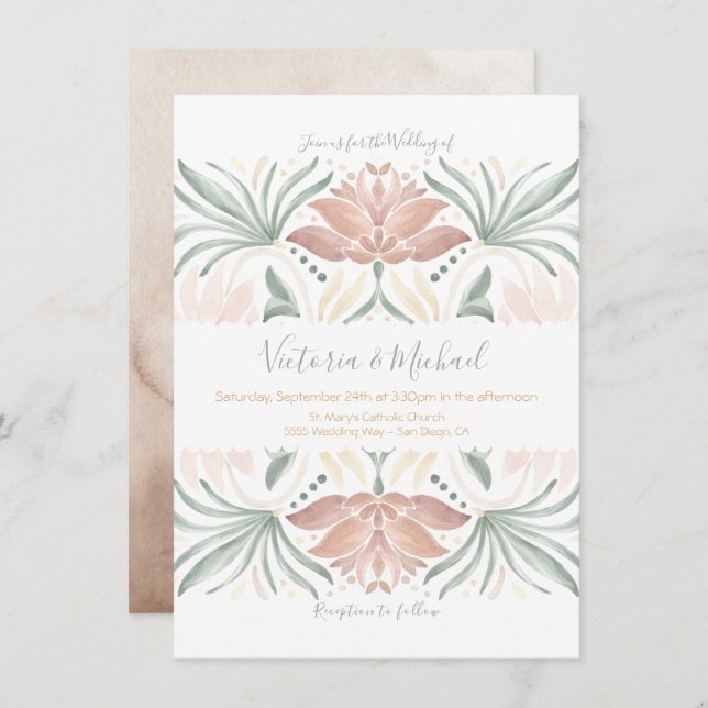 Tropical Floral Mexican tile wedding Invitation (Front/Back)