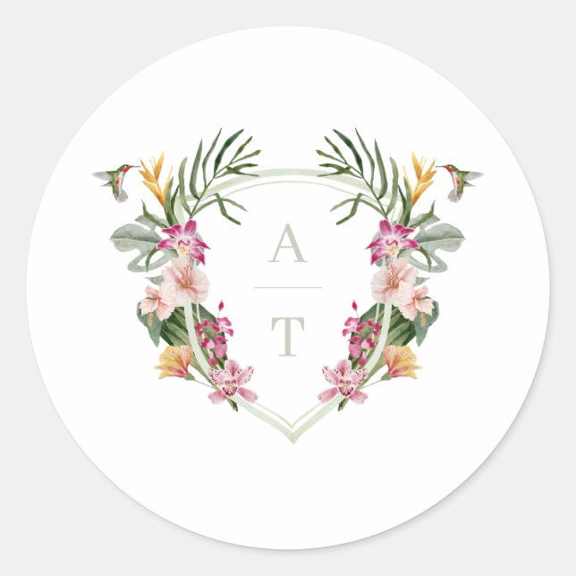 Tropical Floral Monogram Wedding Classic Round Sticker (Front)