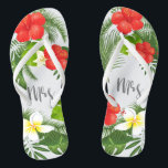 Tropical Floral Mrs Bride ID475 Jandals<br><div class="desc">Create special flipflops for the bride with this beautiful design featuring lush tropical foliage and colourful floral accents. The eye-catching 'mrs' script text is optional and can be deleted to use the template for other occasions. Search ID475 to see other products with this design including matching wedding stationery and more....</div>