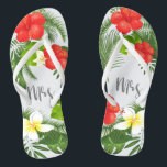 Tropical Floral Mrs Bride ID475 Jandals<br><div class="desc">Create special flipflops for the bride with this beautiful design featuring lush tropical foliage and colourful floral accents. The eye-catching 'mrs' script text is optional and can be deleted to use the template for other occasions. Search ID475 to see other products with this design including matching wedding stationery and more....</div>
