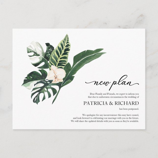 Tropical Floral New Plan Wedding Postponement Postcard (Front)